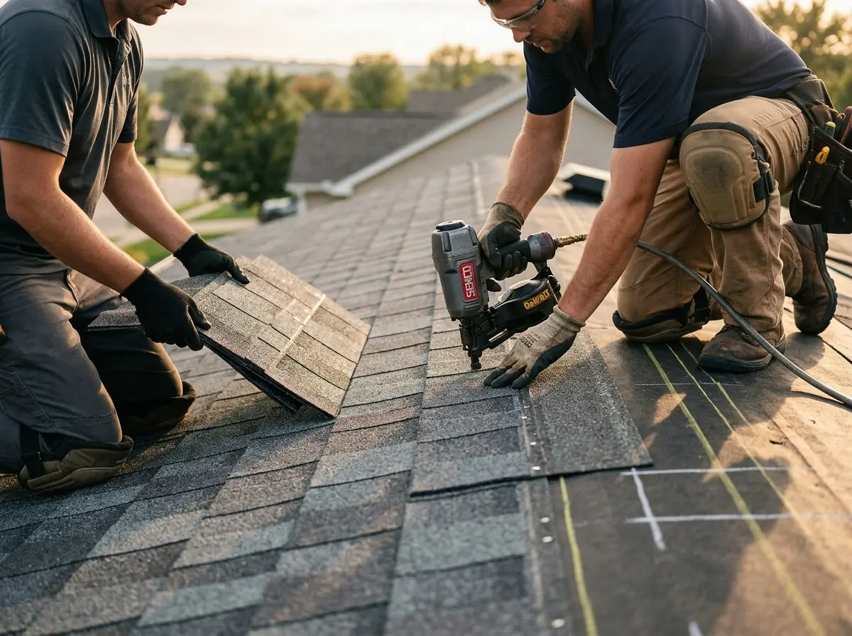 Professional roofer working on a residential roof in Tea
